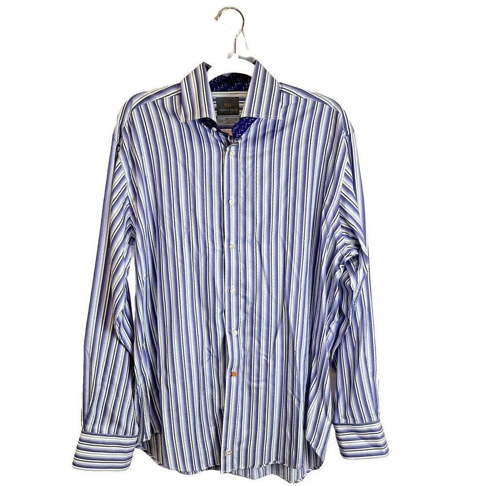 Thomas Dean Purple‎ Shirt Mens L Striped 100% Cotton Button Up Long Sleeve